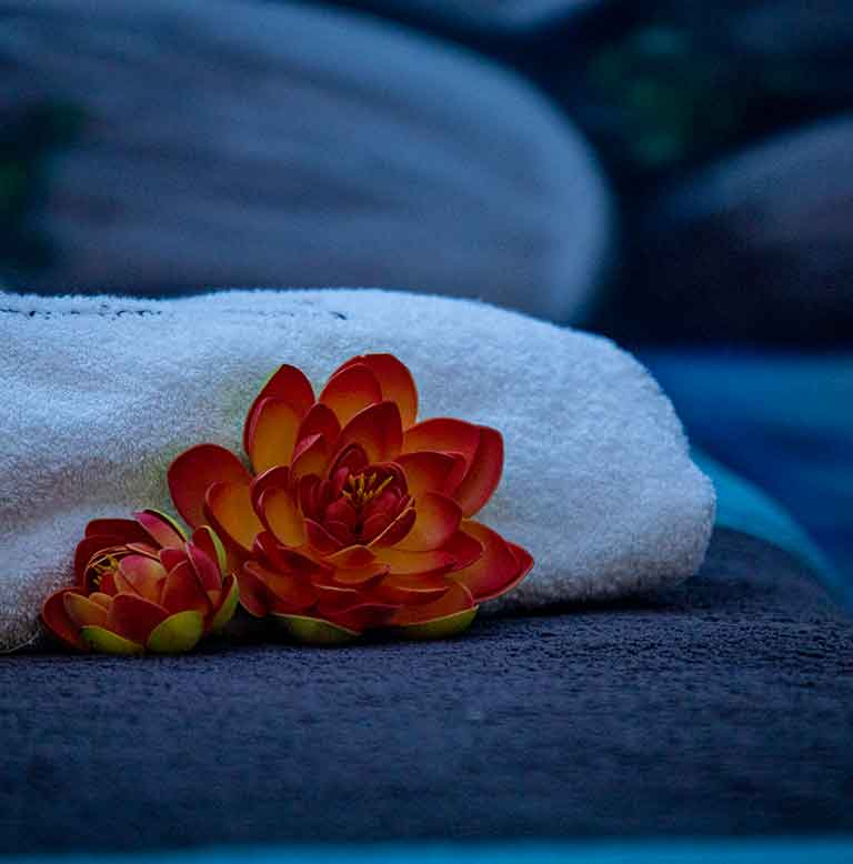 due fior di loto finti e un telo piegato su un lettino del centro estetico di Andrea & Giulio Hair and Relax a Rende